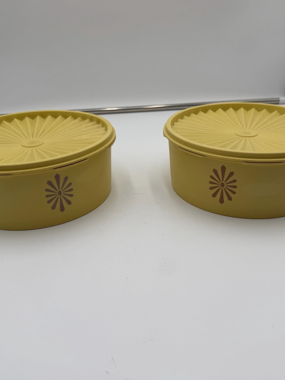 Vintage 1970s Tupperware Servalier Canister Set Yellow Starburst Lids 2pc